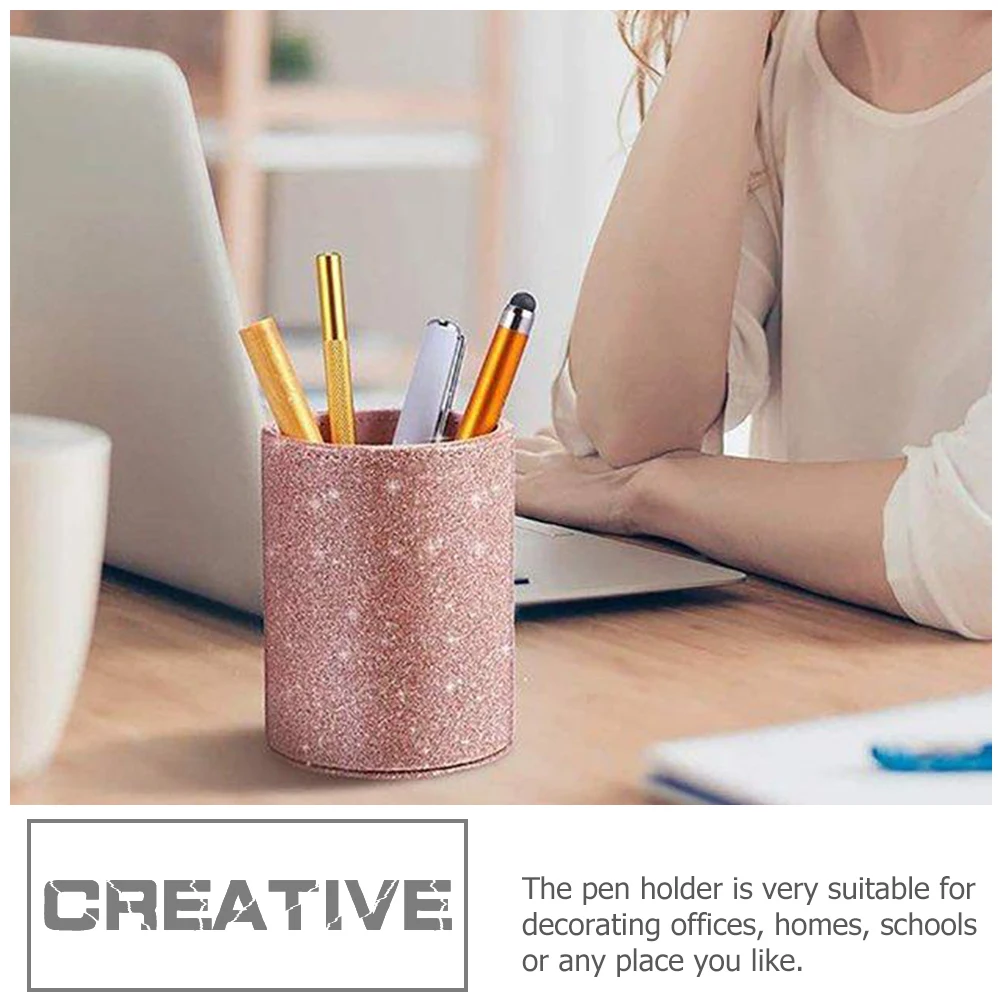 

1Pcs Classic PU Leather Glitter Pen Holder Durable Desktop Organizer for Stationery and Makeup