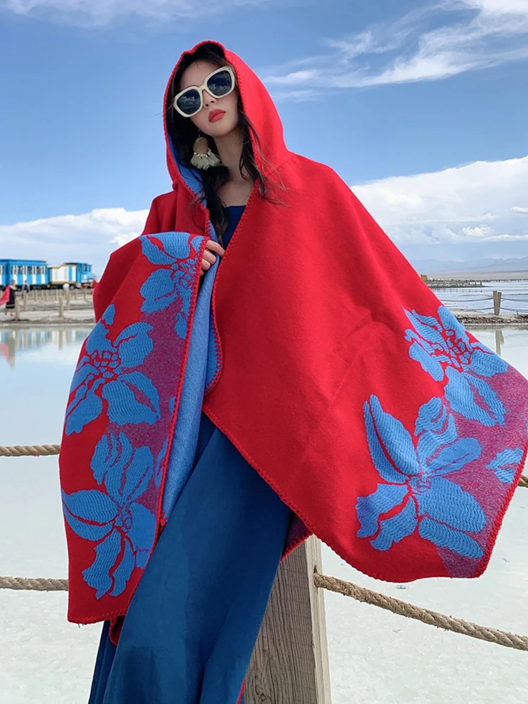 Bufanda de Cachemira de imitación Para Mujer, Poncho bohemio con capucha, manta gruesa, chal, Chales, Invierno