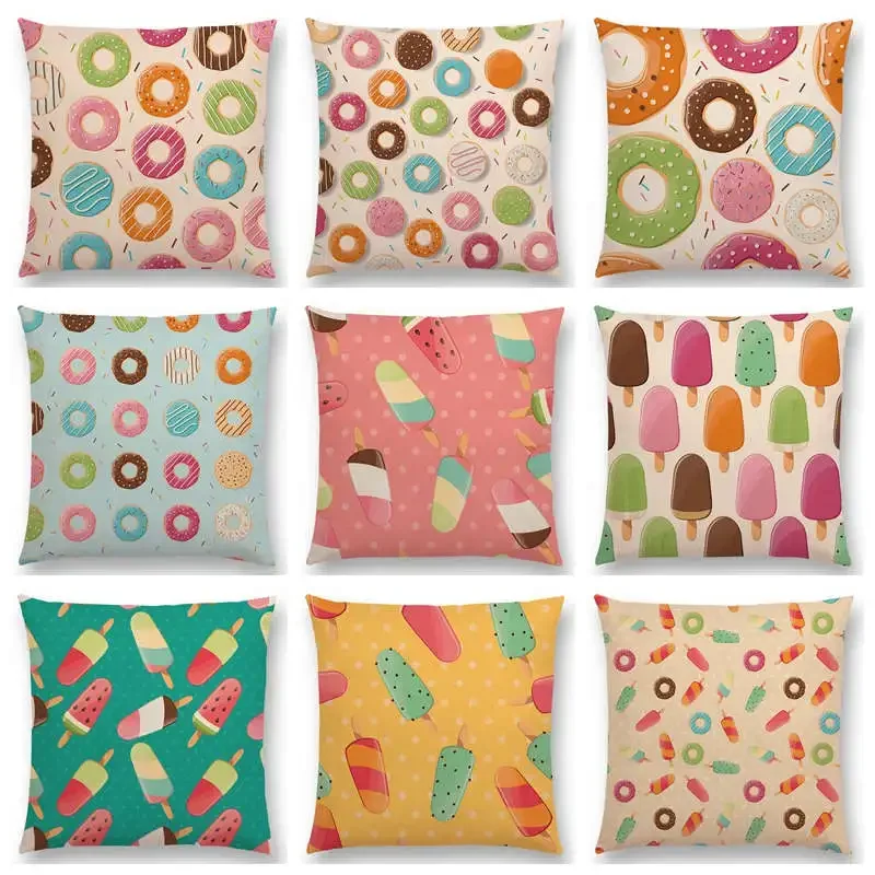 Colorful Prints Cushion Cover Chocolate Candy Donuts Pretty Ice Cream Pattern Color Party Sofa Throw Pillow Case Decor