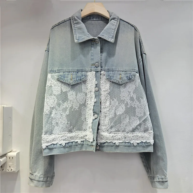 

Autumn Women Fashion Lace Patchwork Denim Jacket Loose Casual Lapel Single-Breasted Long Sleeve Jeans Jacket Coat Streetwear