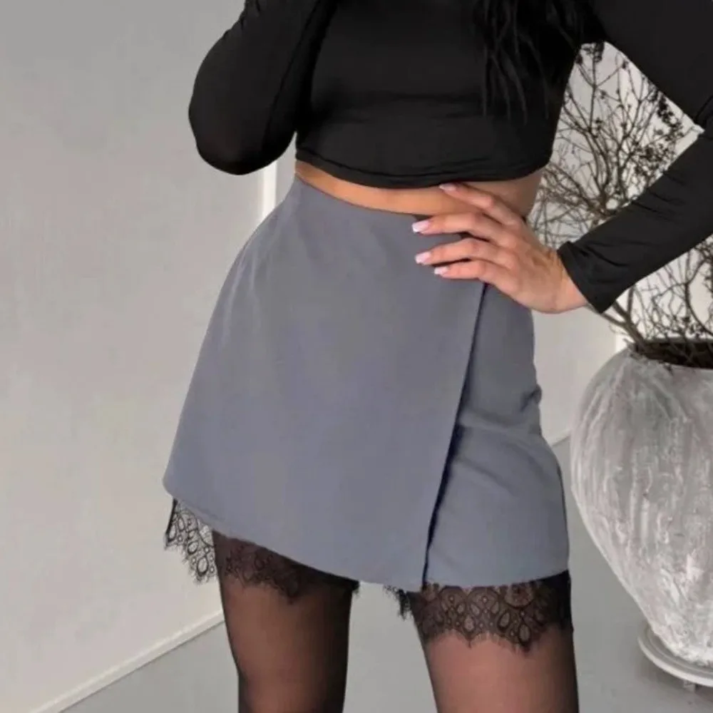 High Waist Women Lace Culotte Splice Design Wide Leg Cut Ladies Short Pant Lace Craft Autumn Winter Lace Bottom Daily Outing