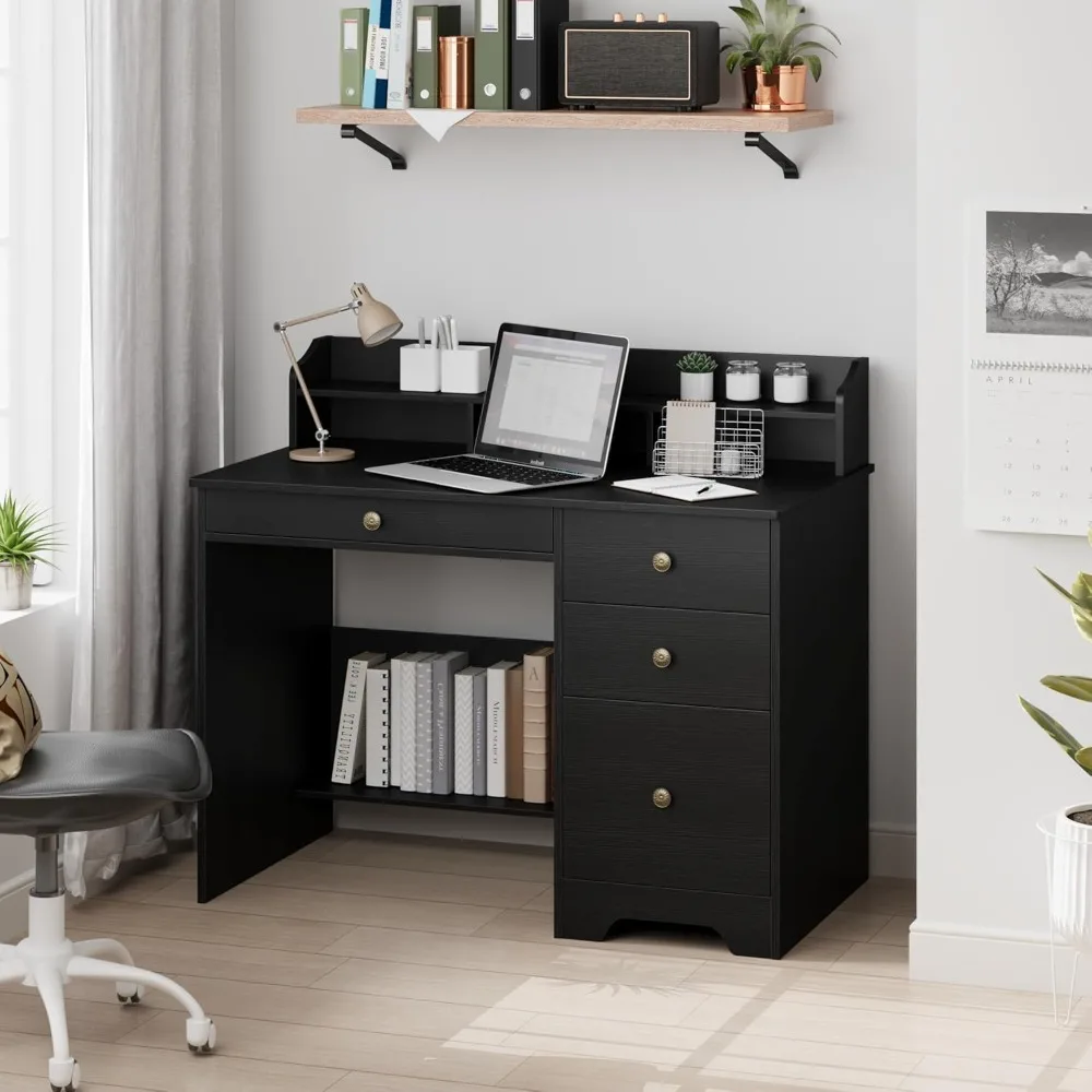 

Computer Desk with Drawers and Hutch Shelf, Wood Executive Desk Writing Study Table with 43” Wide Tabletop