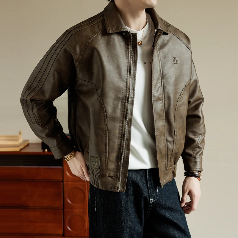 Vintage Leather Motorcycle Jacket Men A2 Flight Suit PU Leather Workwear Top Layer Cowhide Loose Lapel Large Size Zipper Closure
