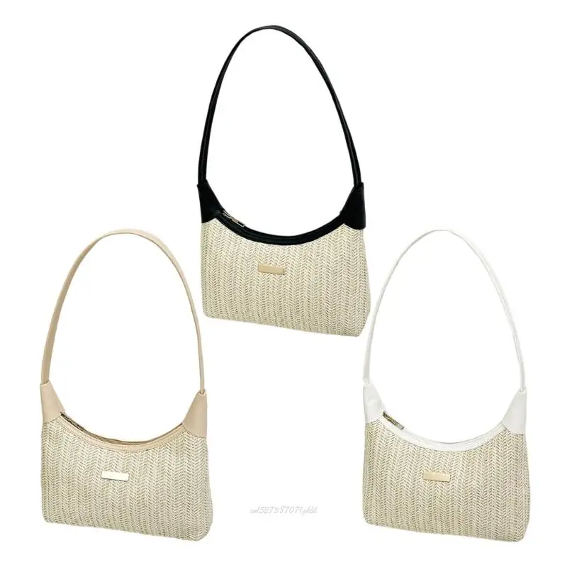 

X5XA Contemporary Straw Bag Reusable Storage Compartments Casual Accessory