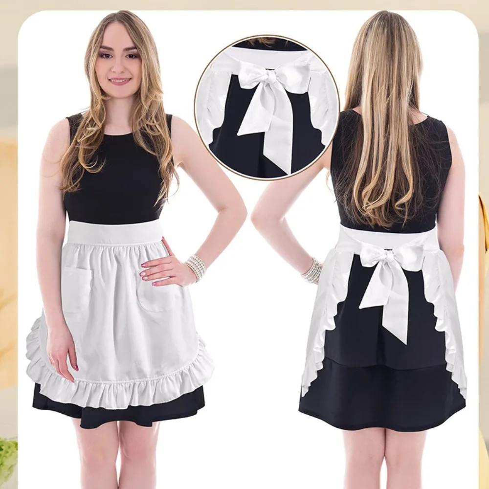 Women Ruffle Short Waist Apron with Pockets Cute Half Apron for Cooking Baking Maid Cosplay Halloween Party Costume Accessory