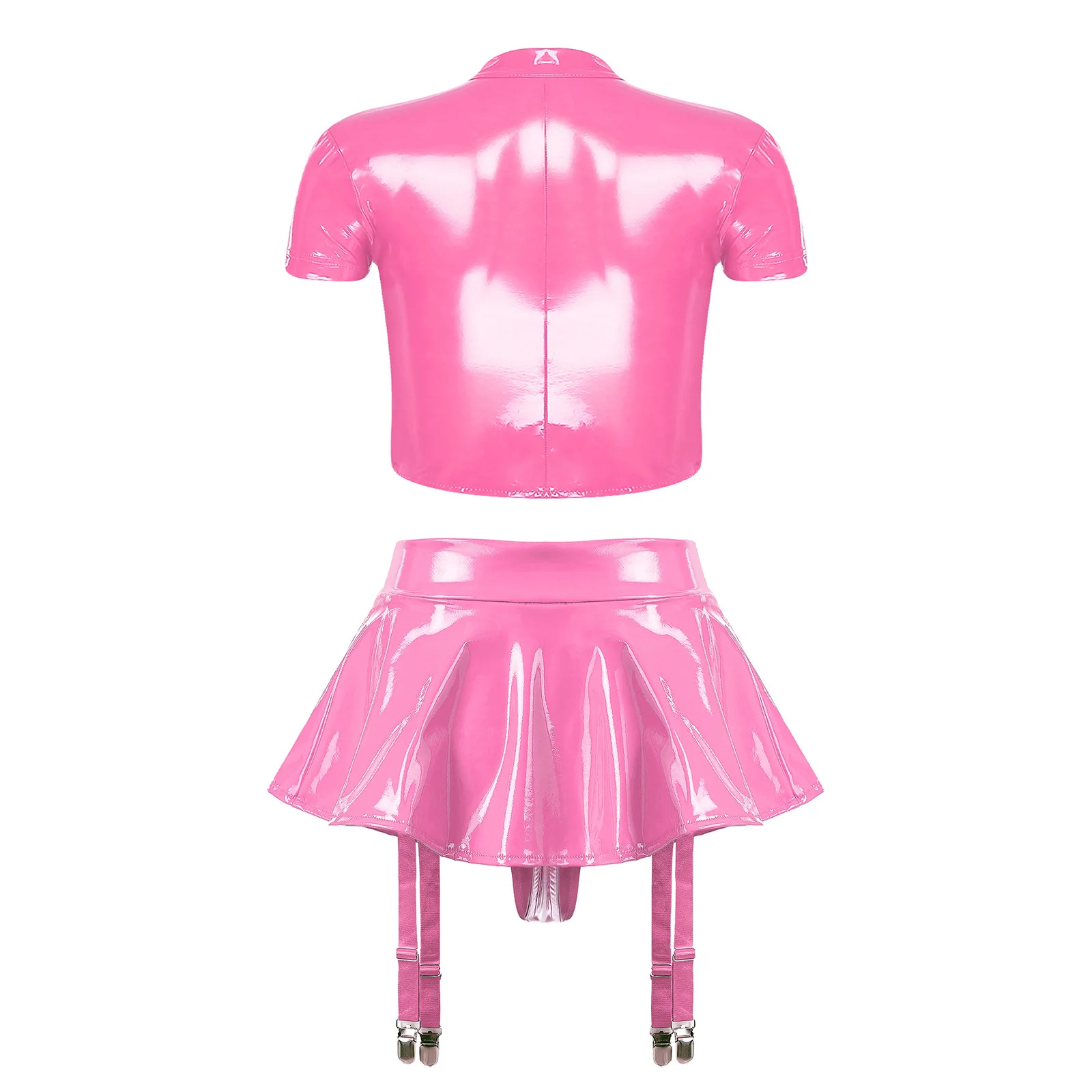 

Women's Patent Leather Push-up Underwire Crop Top And Miniskirt Set with Cutout Built-in Thongs Garter Belt Pole Dance Outfits