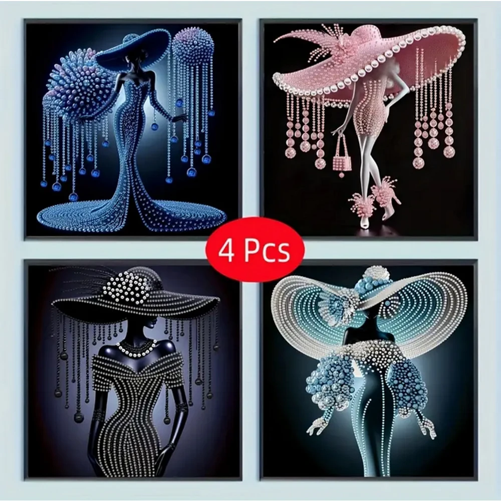 4PCS Set Artistic Woman Round Diamond Painting Kit 5D Full Square Round Jewelry Cross Stitch Wall Paintings Decoration