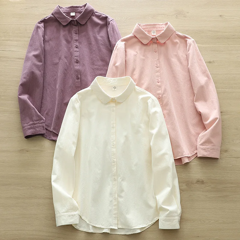 New Spring Cotton Simple Shirt Women Turn-down Collar Long Sleeve Top Mori Girl Fashion Retro Casual Blouse 2024 Summer T44030QM