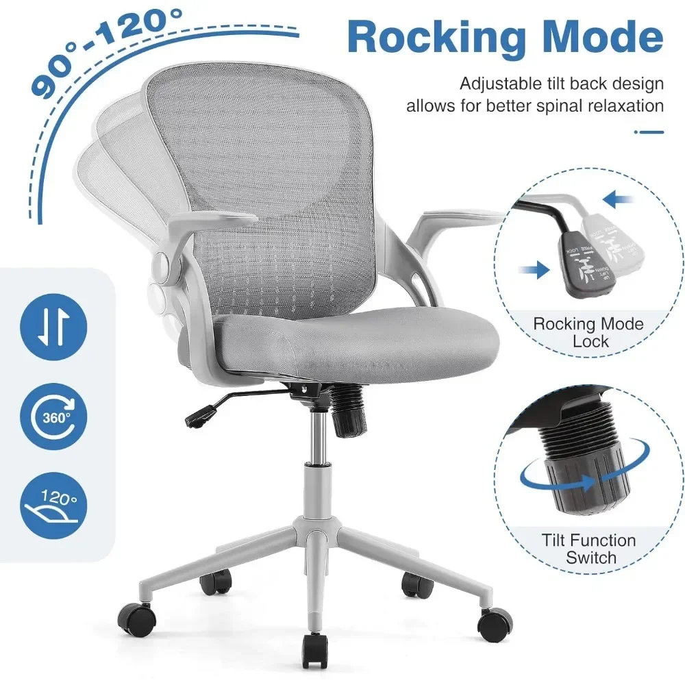 Ergonômica Mesh Desk Chair com Apoio Lombar, Cadeiras de Computador, Braço, Rolling Swivel, Ajustável, Cinza, Casa, Escritório