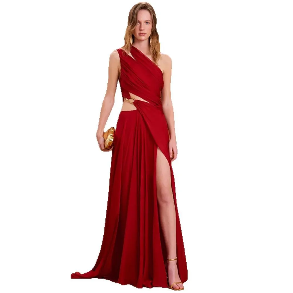 جديد مثير واحد الكتف غير النظامية قطع فستان طويل المرأة الأحمر أكمام مائل طيات سبليت فساتين السهرة فساتين الزفاف