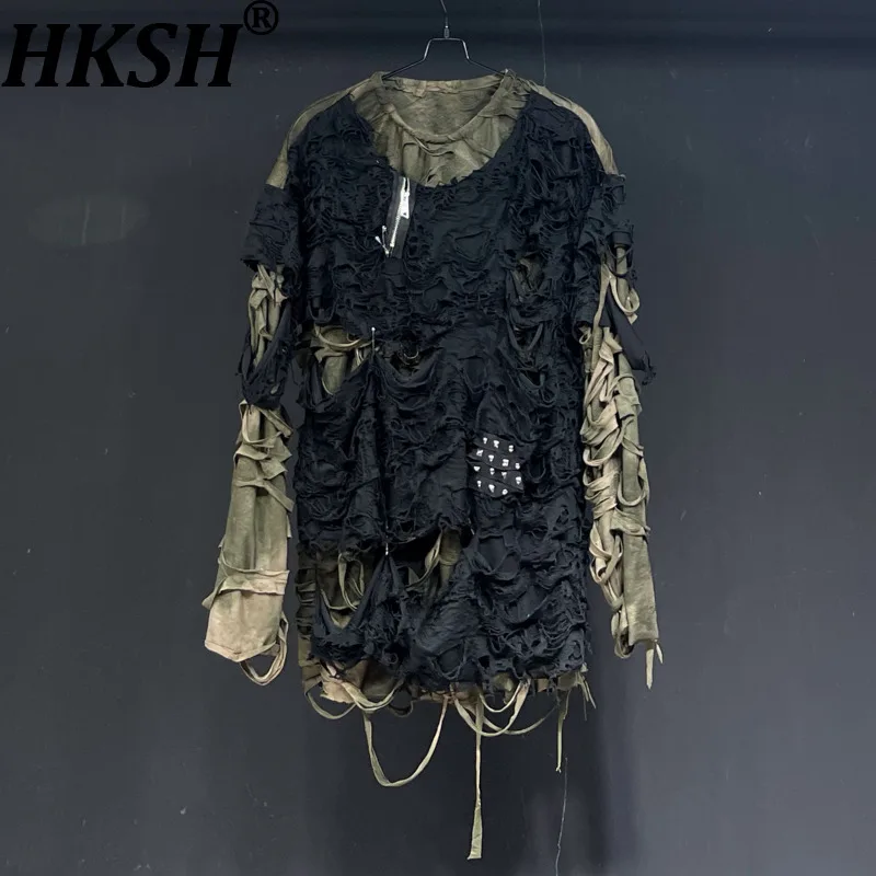 

HKSH Spring Autumn New Man Tide Punk Tees Niche Designs Perforated Long Sleeve Loose T-shirt Patchwork Fake Two-piece Top HK9622