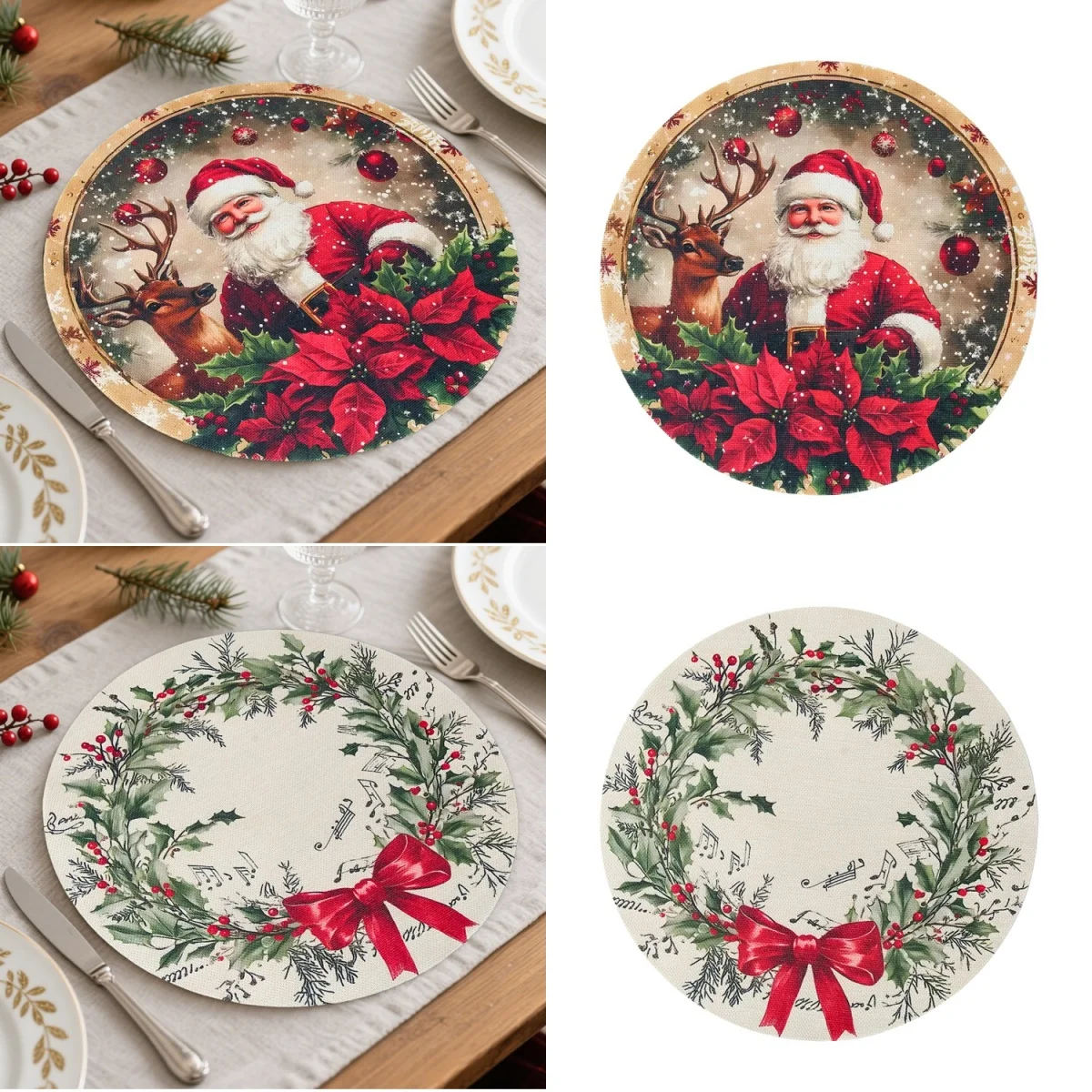 4pcs Christmas Vintage Placemat Merry Christmas Party Decoration 2025 Xmas Santa Claus Placemat Navidad Natal New Year Gift 2026