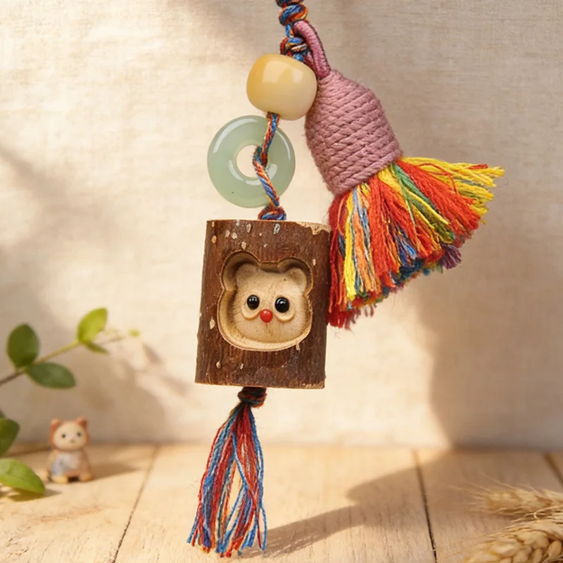 Creative Tree Stump Doll Wooden Craft DIY Phone Chain Keychain Pendant Bag Charm With Handmade Tassel Decoration Small Ornament