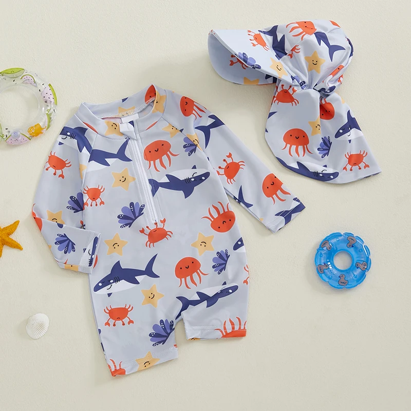 

Listenwind Toddler Boy Rash Guard Swimsuit with Hat 2Pcs Set Leaves Whale Pattern Zip Up Long Sleeve Crew Neck Boy Swimwears