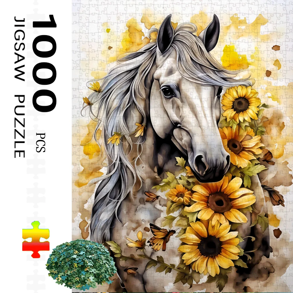 Aquarel wit paard en zonnebloem puzzel volwassen kinderen intellectueel spel thuis vrije tijd decompressie artistiek puzzel speelgoed