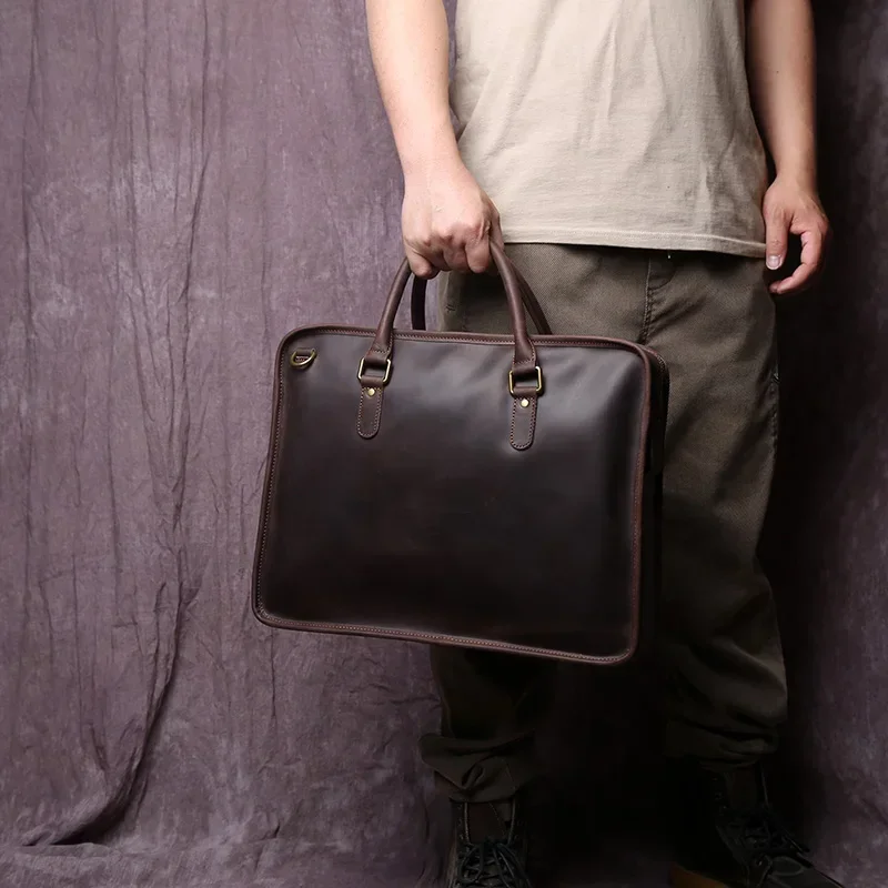 New leather men's business leisure handbag with cowhide horizontal style and large capacity single-shoulder messenger briefcase