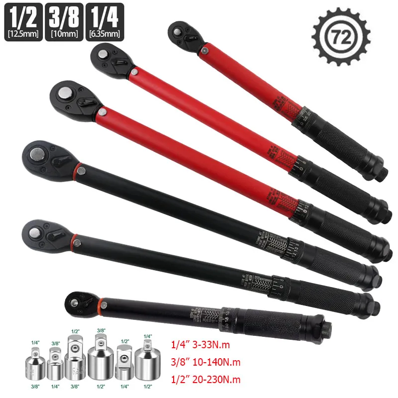 72T Torque Wrench 1/2'' 3/8'' 1/4'' Square Drive Preset Bicycle Torques Key Two-way Ratchet Car Bike Automotive Hand Tools