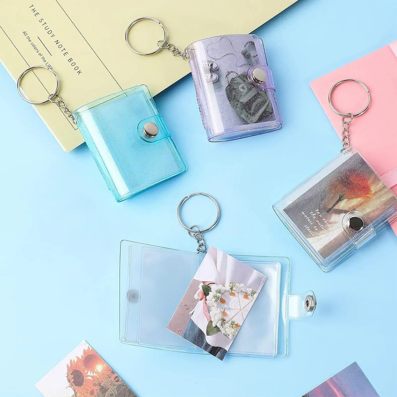 Mini Photo Album Keychain 24 Pockets Portable Clear Small Binder Mini Photo Album Clear Pendant for Gift Memories Storage Wallet