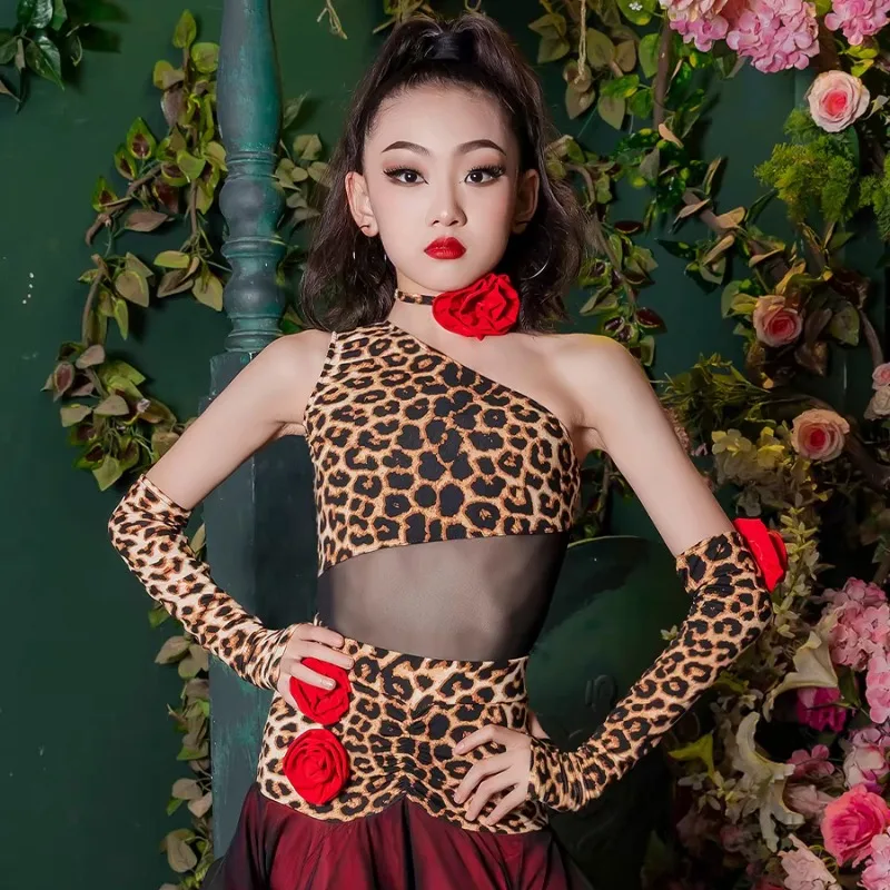 تنورة لاتينية مخصصة للفتيات لممارسة طباعة الفهد زي تدريب الأداء تشا تشا تانجو سامبا رومبا فستان رقص #4