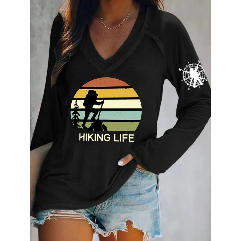 ilstile Women's Hiking Life Print T-Shirts Autumn Summer Long Sleeve Casual Loose V Neck Tops Tees New Arrival