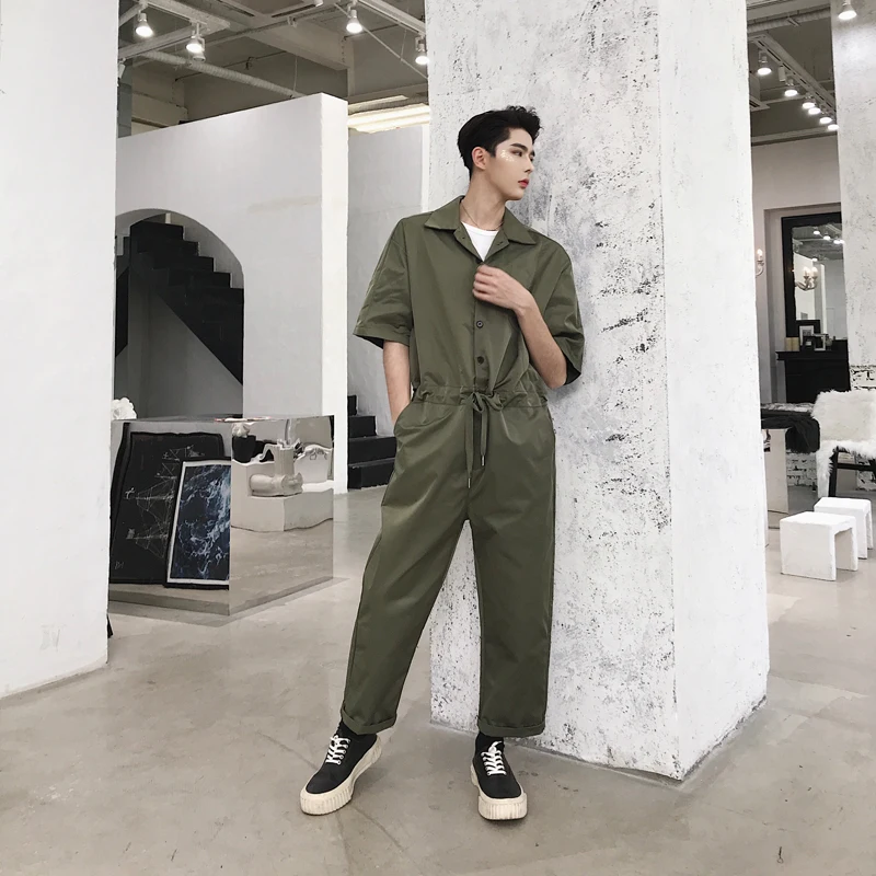 

New Hip-hop Loose Short-sleeved Men Coverall Retro Fashion Brand Suits One-piece Pants Summer Menswear Japanese Casual Jumpsuit