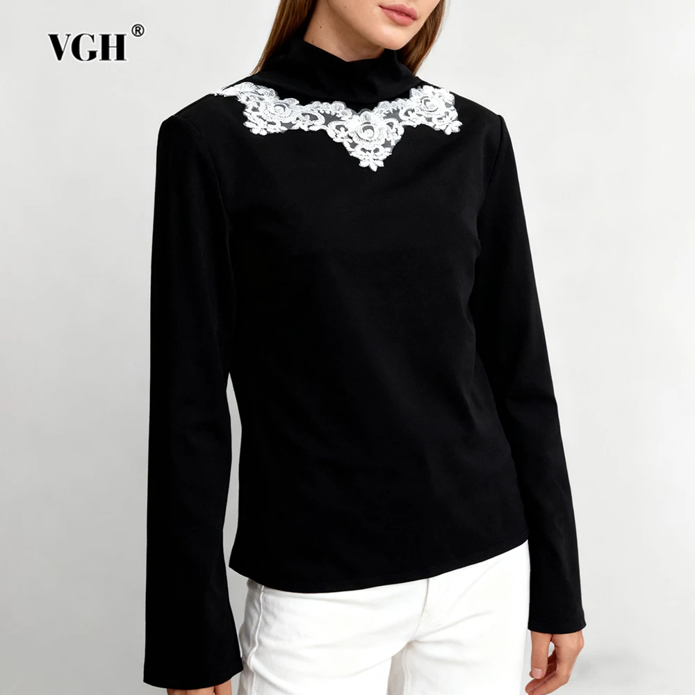 

VGH Backless Retro Evening Blouse for Women Turtleneck Shoulder Pud Slim Long Sleeves Spliced Lace Office Shirt Female Fashion