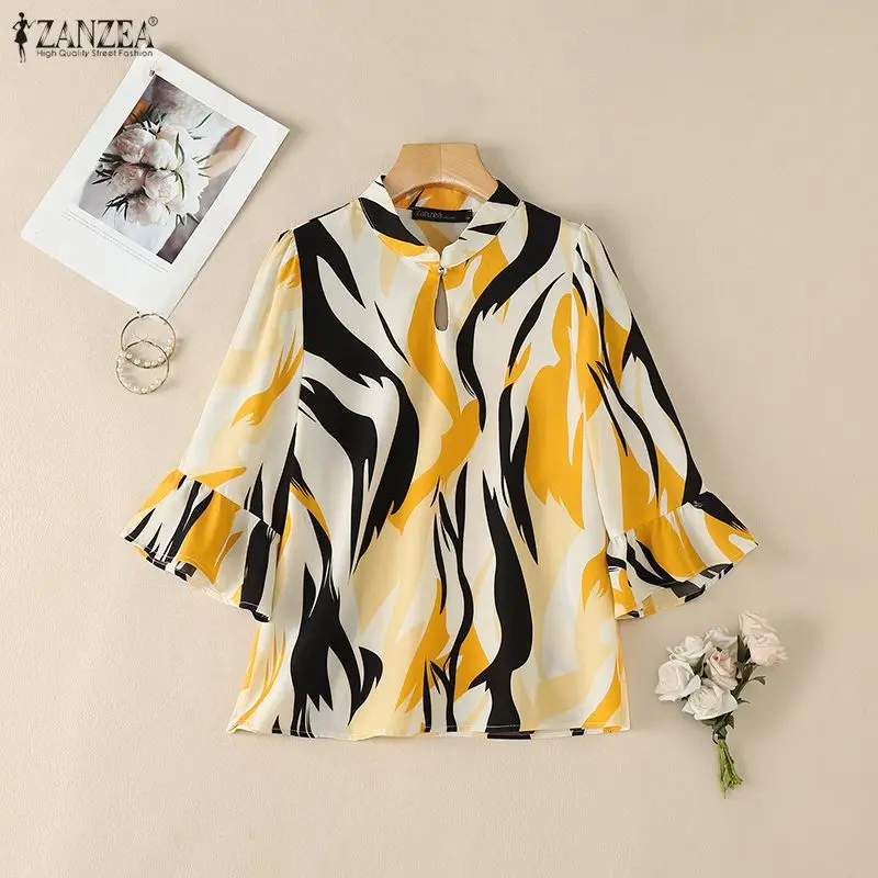 

Женские летние блузки в богемном стиле с принтом по всей поверхности, ретро-блузки с воротником-стойкой и расклешенными рукавами 3/4, ZANZEA, элегантные свободные блузки для женщин