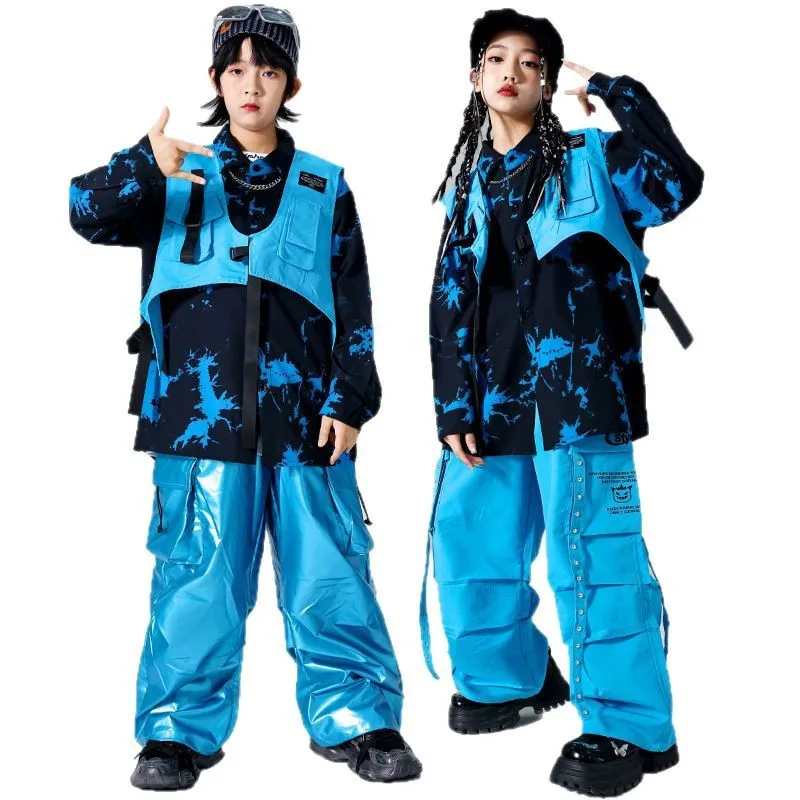 

Boys K-pop Street Dance Tie-dye Shirt Vest Cargo Pants Girls Hip Hop Shiny Joggers Children Clothes Sets Kids Jazz Streetwear