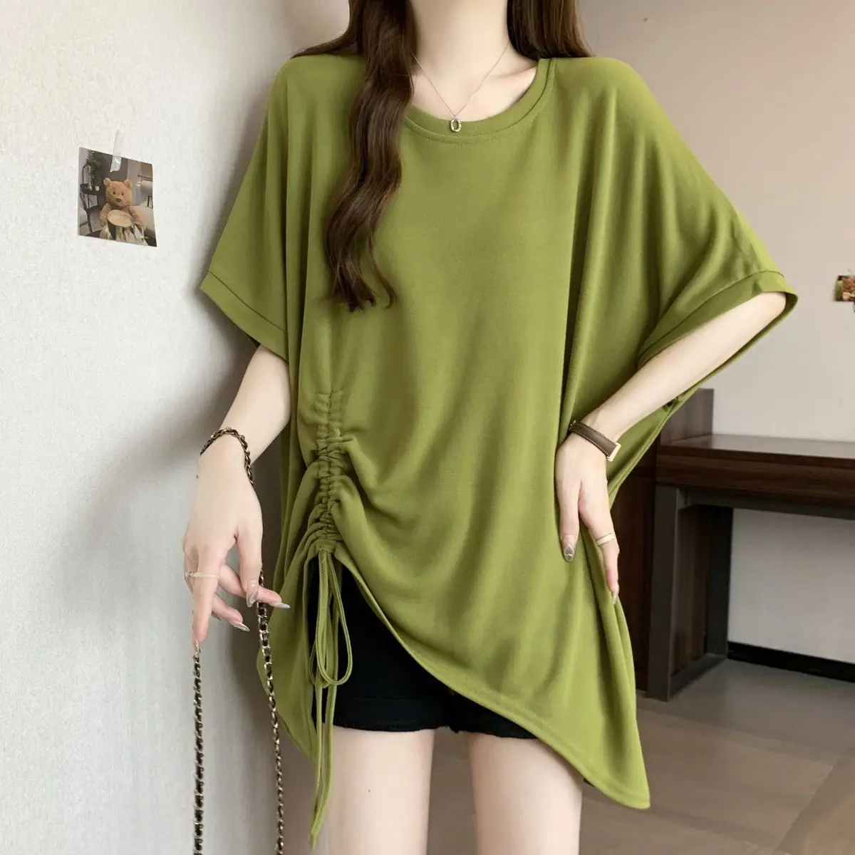 Large Size Women's Clothing Design Sense Drawstring Short-sleeved T-shirt Women's Summer New Solid Color Loose and Thin Top