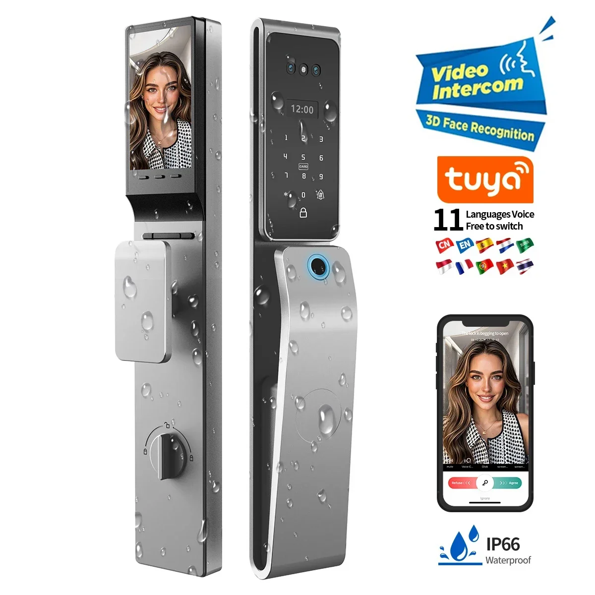 Manufacturer Waterproof Biometric 3D Face Recognition Fingerprint Tuya Wifi Card Digital Lock Video Intercom Smart Door Lock