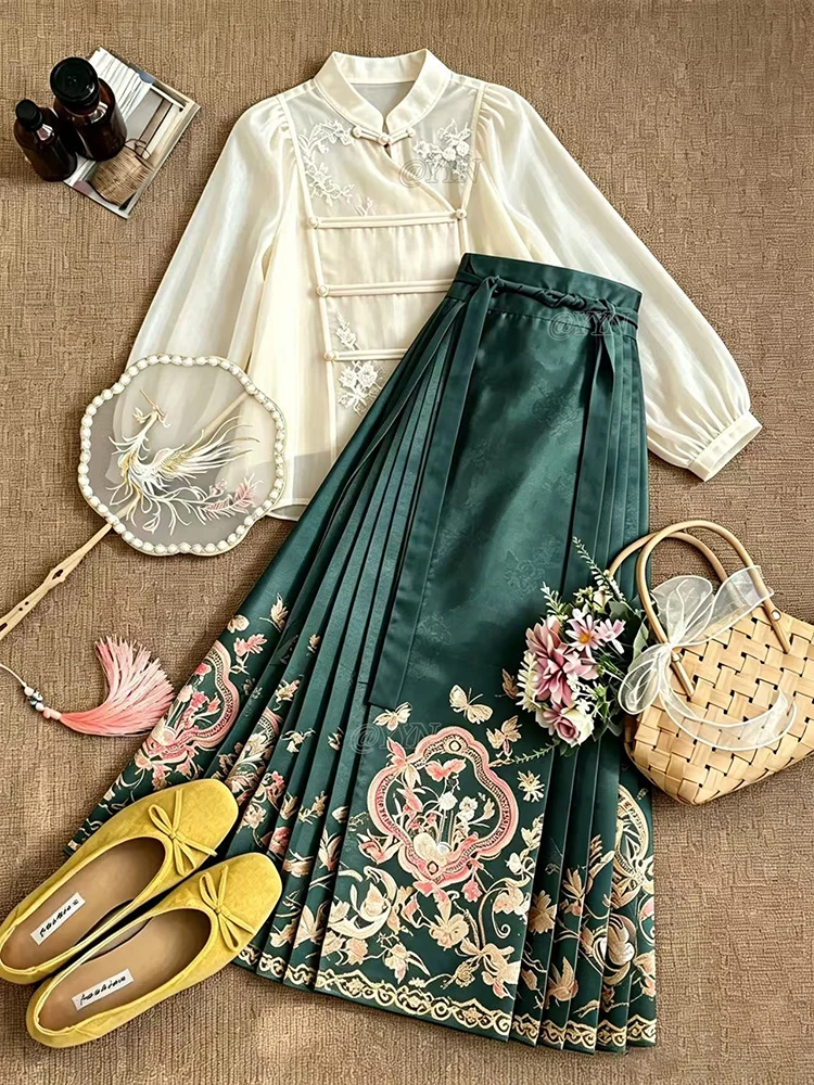 New Chinese Style Reformed  Tailed Skirt Set Women's Fashionable Printed Hanfu Semi Skirt Summer Autumn High Waist Long ...