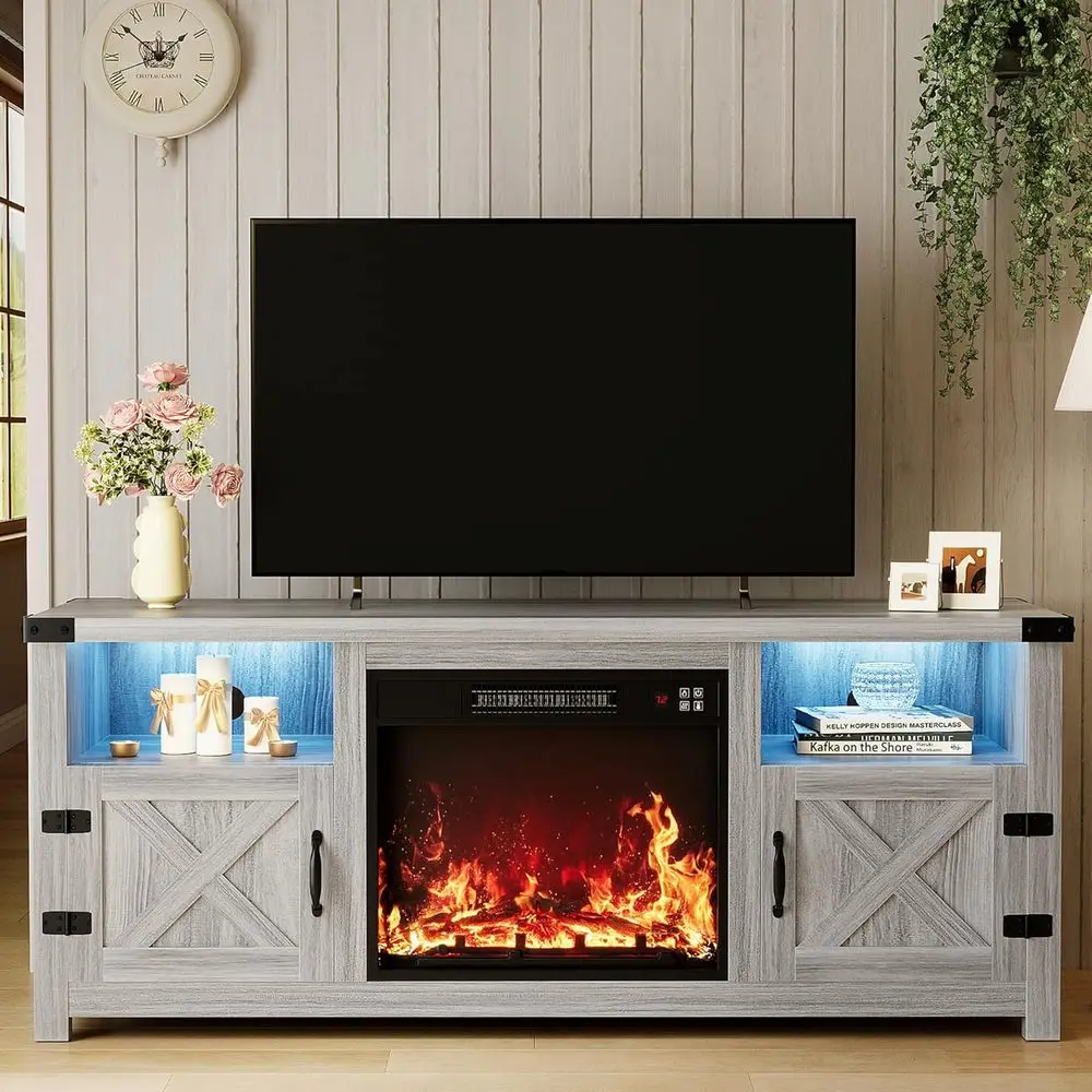 

Gray Wash 65+ Inch TV Stand with Open Shelves, Mood Lighting, and Hidden Cable Management