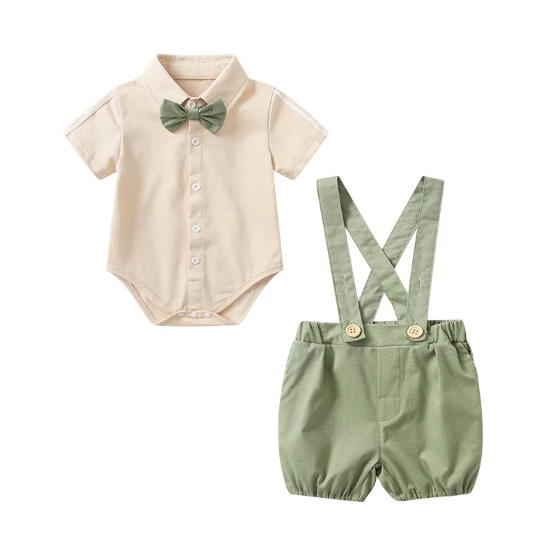 Korean Style New Summer Clothes for Kids Boy Sets Short Sleeves Turn-down Collar Bodysuit+Green Overalls Children Outfits