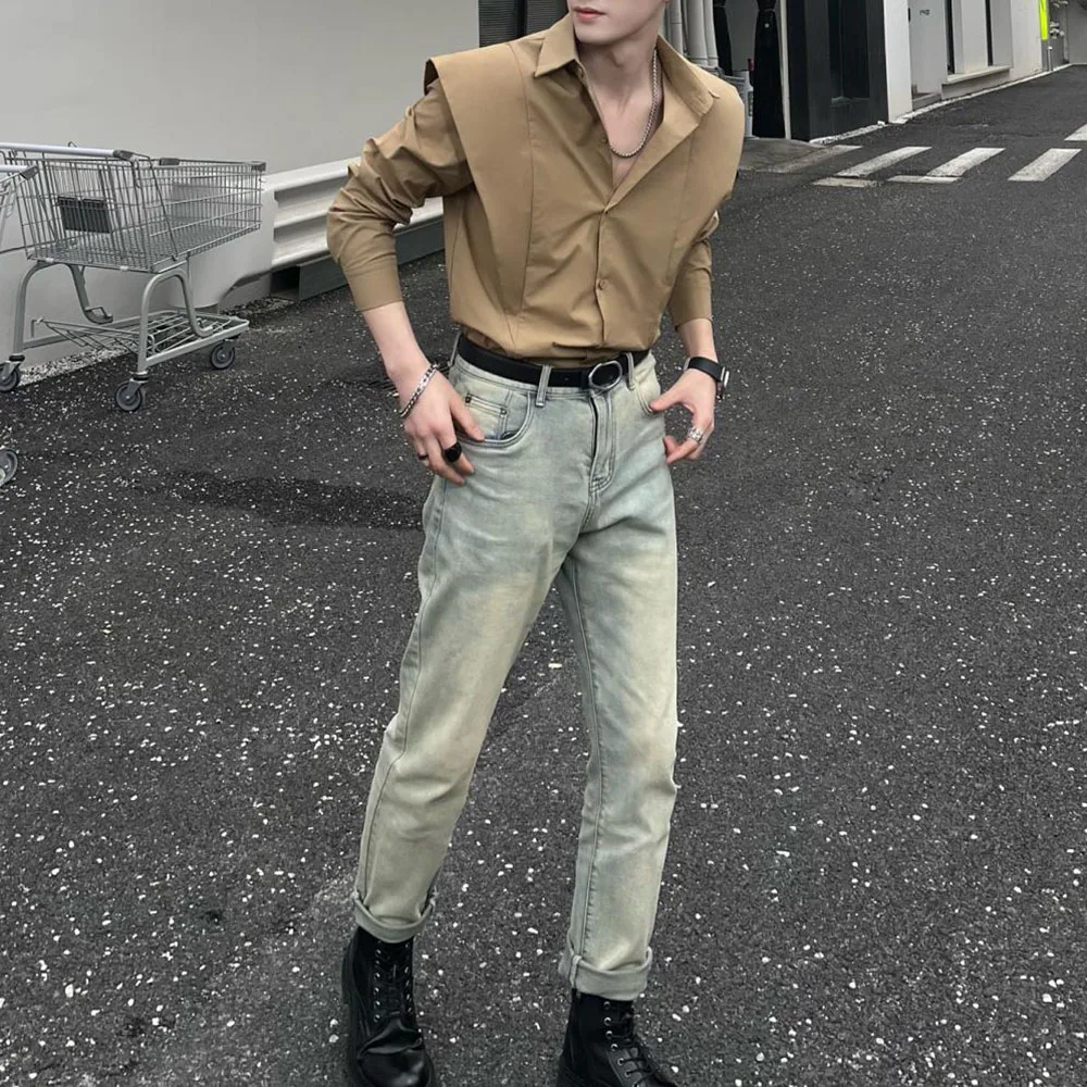 2024 New Fashion Square Neck Simple Trendy Solid Color Shirt High Quality Casual Street Party Long Sleeve Top Mens Clothing