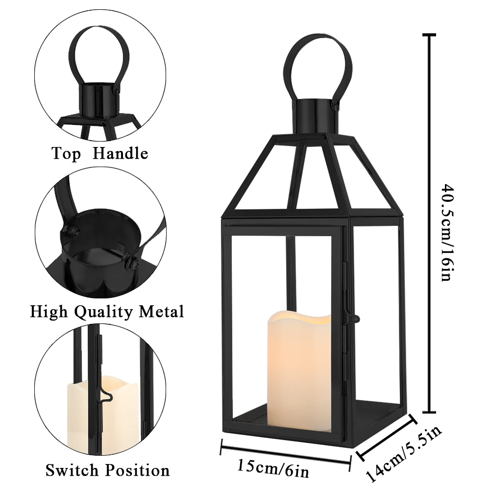 Black Decorative Lanterns 16“H Decorative Candle Lantern with Tempered Glass for Indoor O