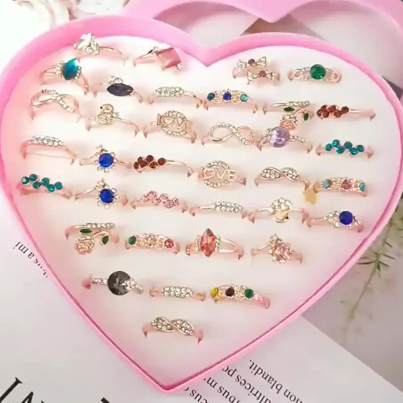 10pcs Colorful Rhinestone Rings for Girls Lovely Cartoon Animal Flower Alloy Finger Rings Kids Child Jewelry Gift （No box）