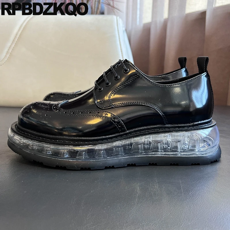 Brogue Patent Leather Oxfords Round Toe Full Grain Shoes Wingtip Casual Derby Transparent Sole Dress Lace Up Famous Men Flats