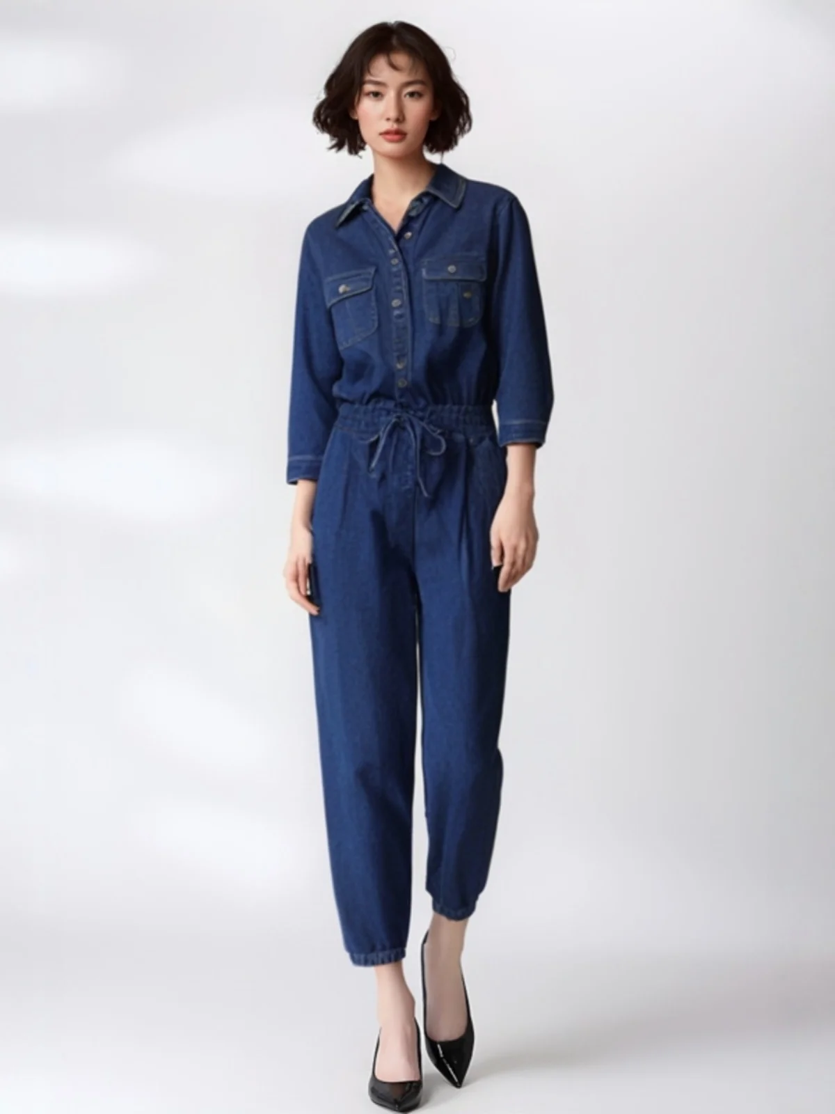 

Women's Elastic Waist Denim Faionable Trendy One-Piece Jumpsuit High Waist Long Pants Original Design Chinese Manufacturer