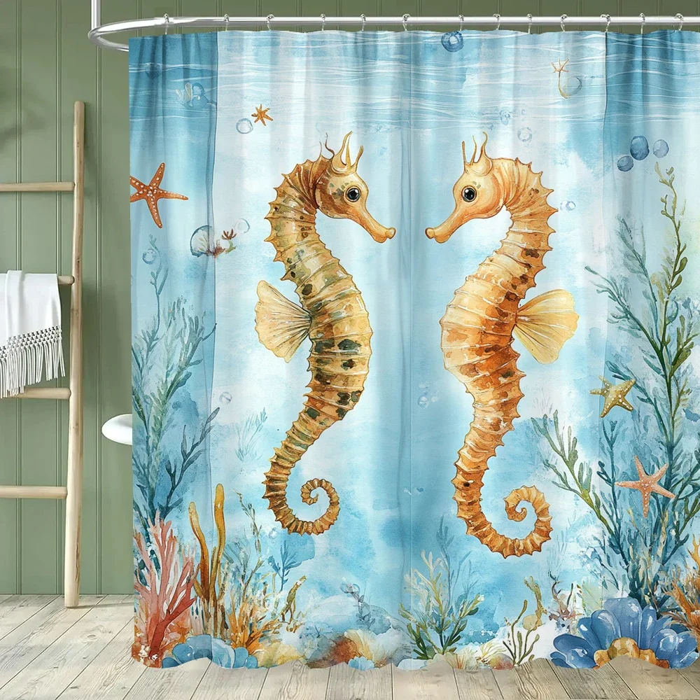 Underwater World Turtle and hippo Fish Shower Curtain, Ocean Bathroom Decor Shower Curtain, Waterproof Shower Curtain with Hooks