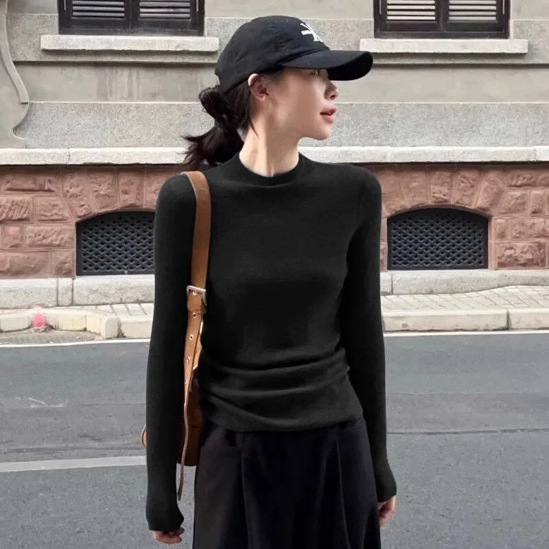 2025 جديد سترة الكشمير المعنقة المرأة محبوك نصف الياقة المدورة المرأة سترة الكورية موضة عادية سترة الكشمير المعنقة المرأة