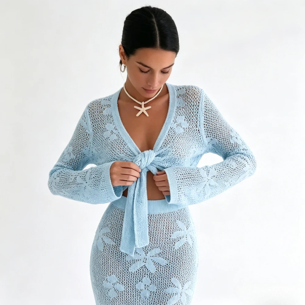2026 Crochet Knit 2 Piece Set Women Tie Front Long Sleeve Crop Top and Maxi Skirt Hollow Out Cover Up Beachwear Vacation Outfit
