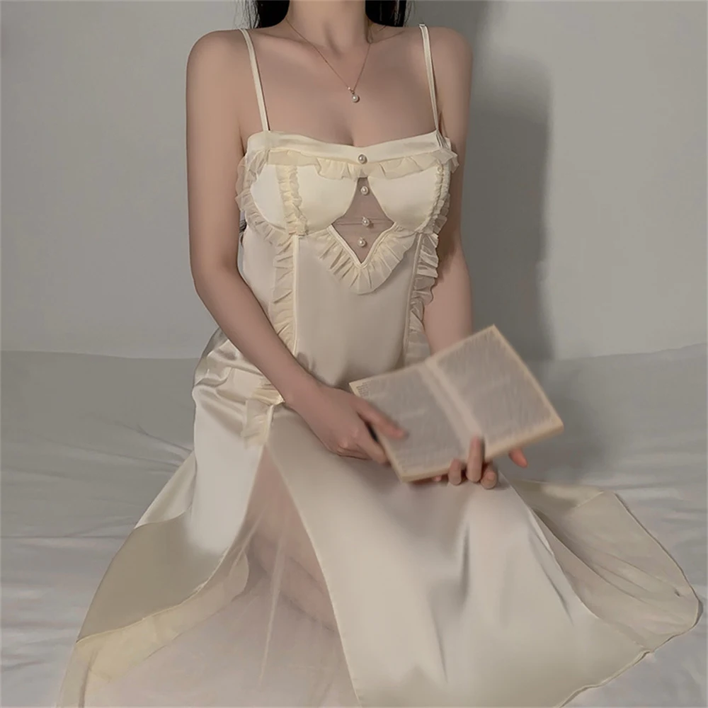 Ladies Satin Mesh Long Sling Nightdress With Chest Pad Sexy Sweet Ruffled Lace Sleepwear Homewear Soft Lingerie Suspenders Dress