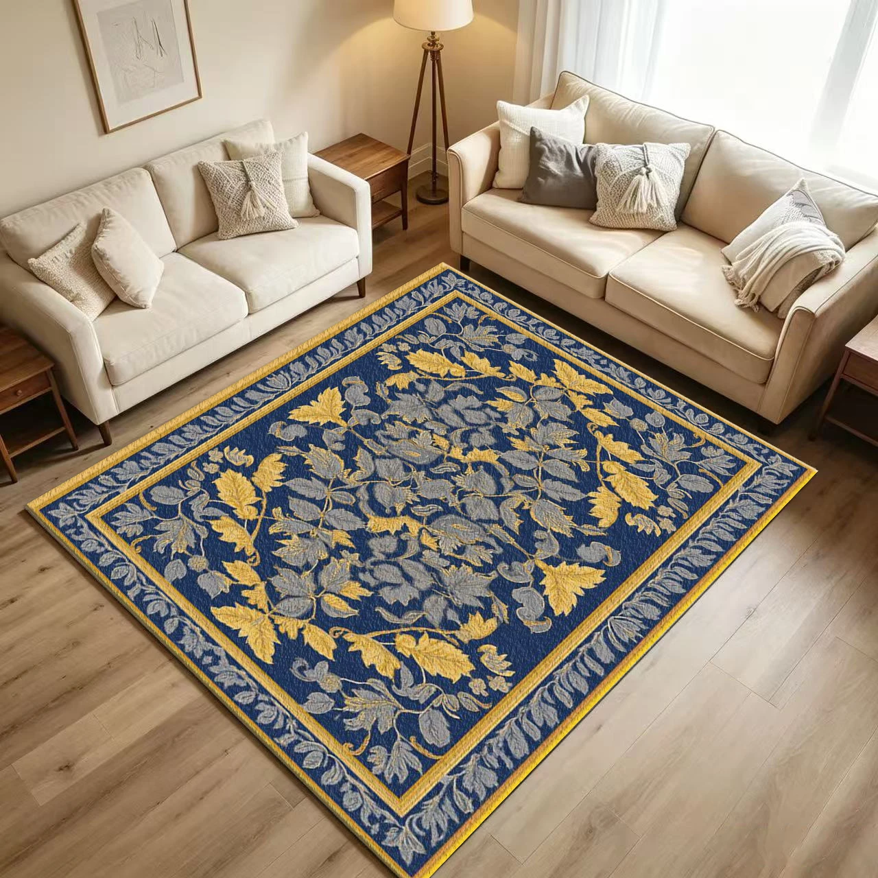 Vintage European Baroque Leaf Carpet Flooring Retro Dark Blue Gold Botanical Vine Ornate Border Printed Floor Rug for Household Indoor Home Luxury Decor