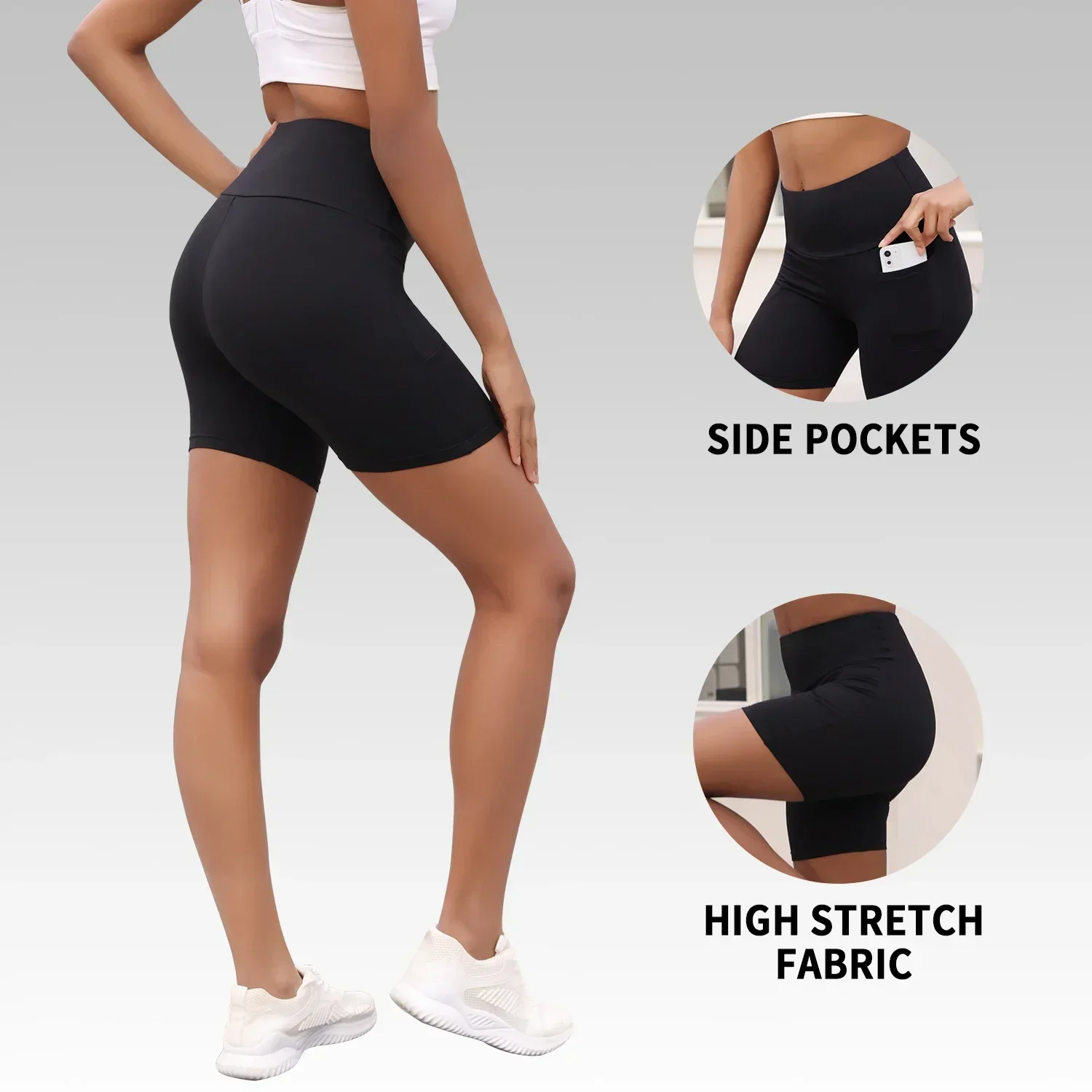 Damskie spodenki kolarskie z wysokim stanem i kieszeniami Super miękkie, nie prześwitujące, do biegania, jogi, sportowe, push up, na siłownię