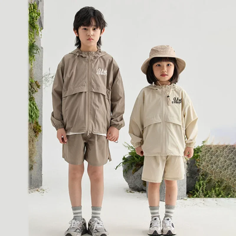 

2-9Y Children's Sunscreen Clothing Set Boys' Summer Baby Hooded Long Sleeve Top+Shorts Girls' Outfits Clothes Two Piece Thin Set