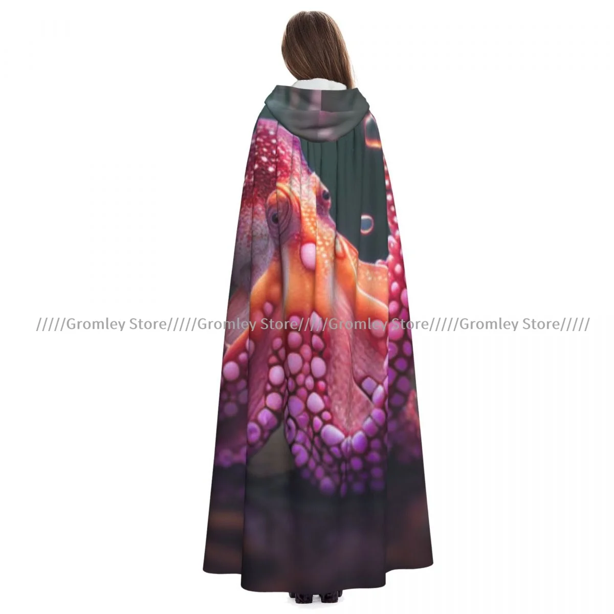 Unisex Halloween Cloak Abstract Adorable Purple Pink Octopus Cape Hooded Medieval Costume Witch Wicca Vampire