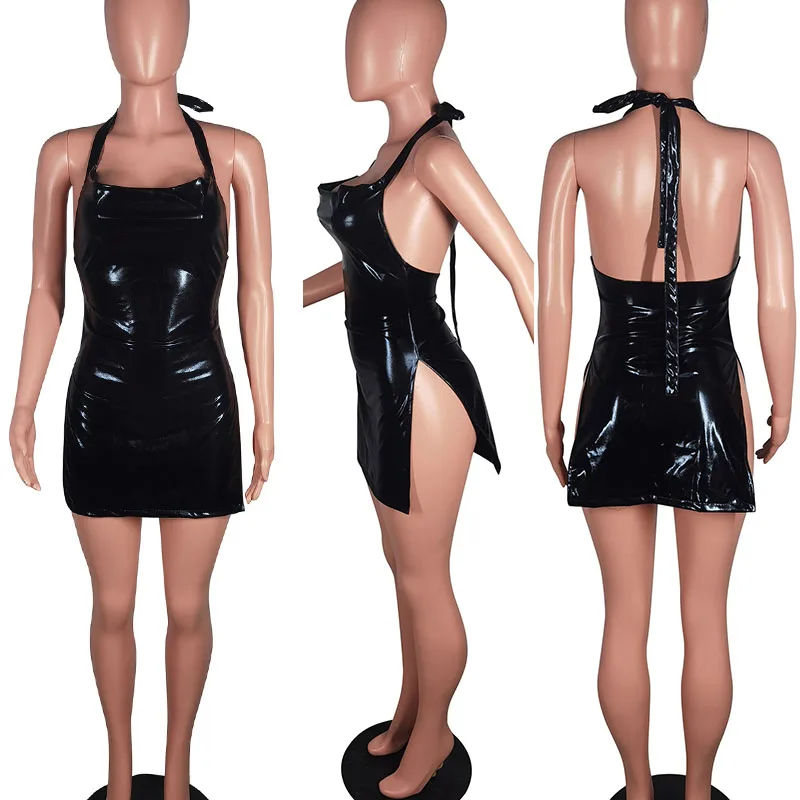 Glänzende metallische Party Nachtclub Mini kleid Frauen y2k Kleidung Halfter rücken frei Doppelseite Split sexy kurze Kleider Großhandel