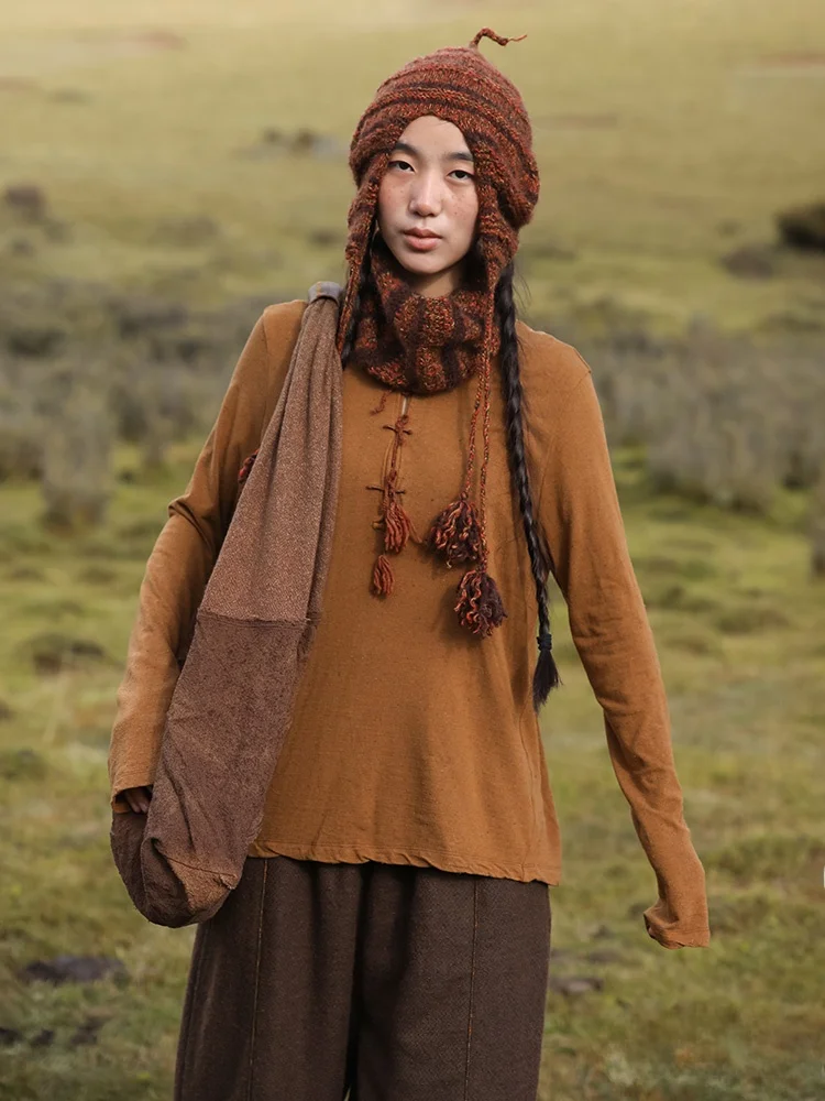 

Свободная вязаная футболка с длинным рукавом, оригинальный дизайн, художественный стиль, повседневная, из смесовой шерсти и волокна с медным аммонием, зимняя одежда