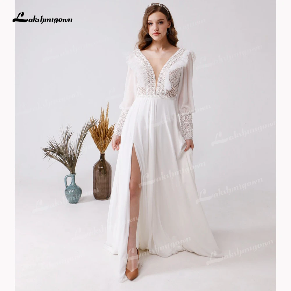 

hochzeitskleid Boho Wedding Dress V-neck Long Sleeve Wedding Gown Long Train Lace Unique vestido de casamento