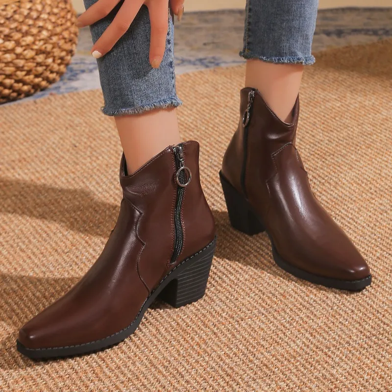 2024 Winter New Fashion Western Cowboy Ankle Boots Female Casual Platform Pointed Toe Designer Slip-On High Heels Women’s Shoes
